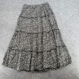 Joyous Skirt Womens Medium Black Floral Tiered Lace Trim Elastic Waist EUC
